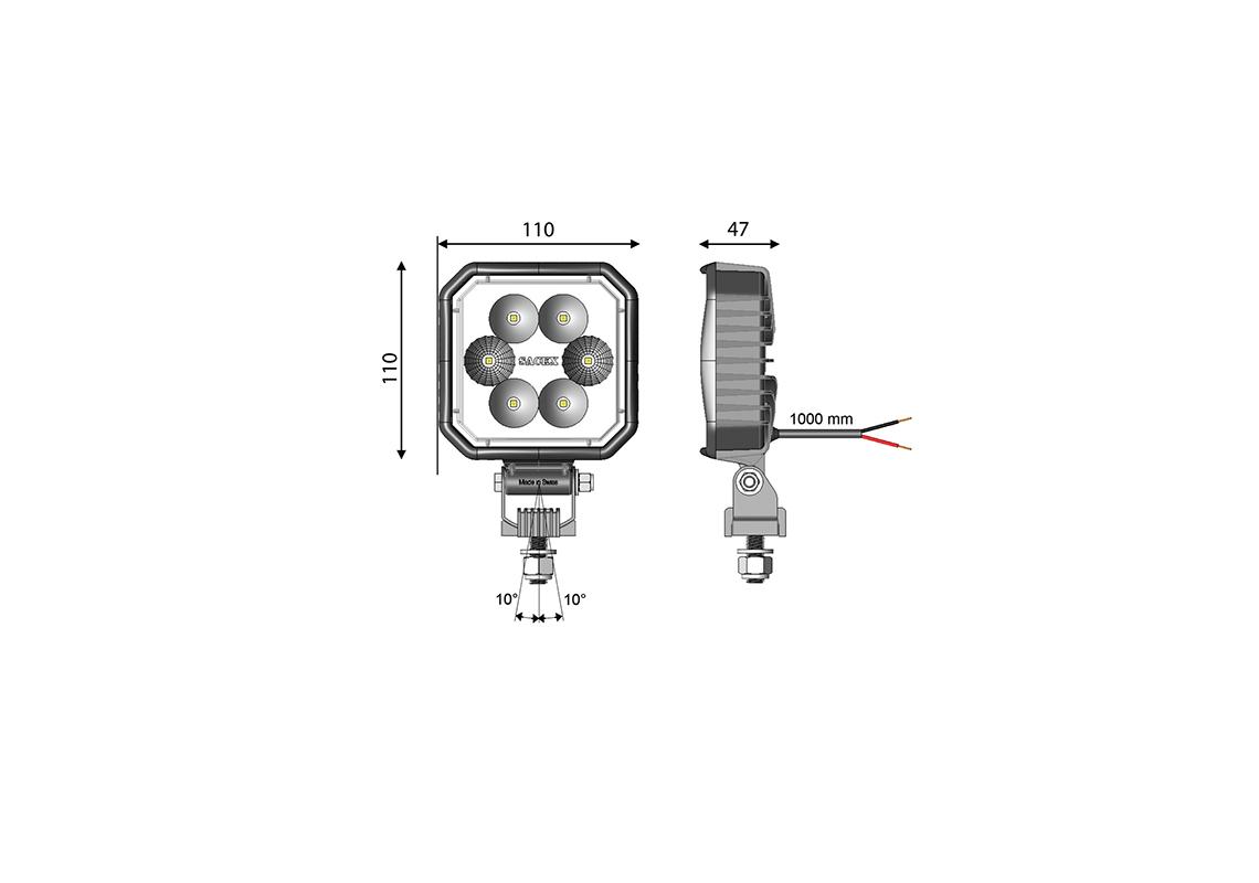 Phare de travail LED CARBONLUX carré 110X110mm - cable